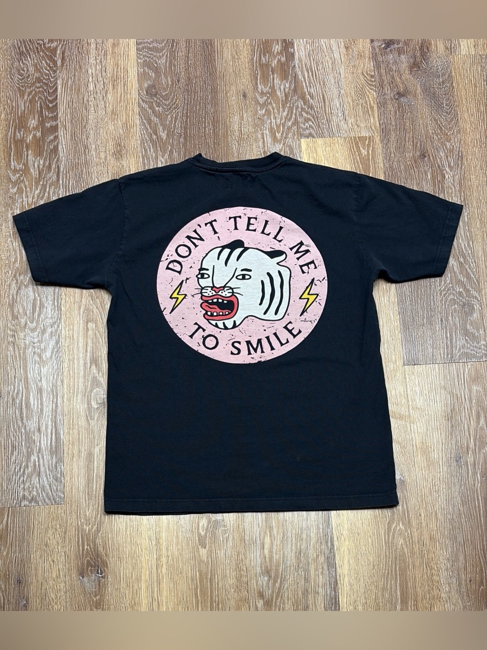 LONELY GHOST Black Short Sleeve Tee with Pink Tiger Graphic